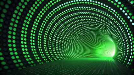 Fototapeta premium A swirling tunnel of luminescent green circles, receding into a radiant light source, creates a hypnotic and futuristic visual journey.
