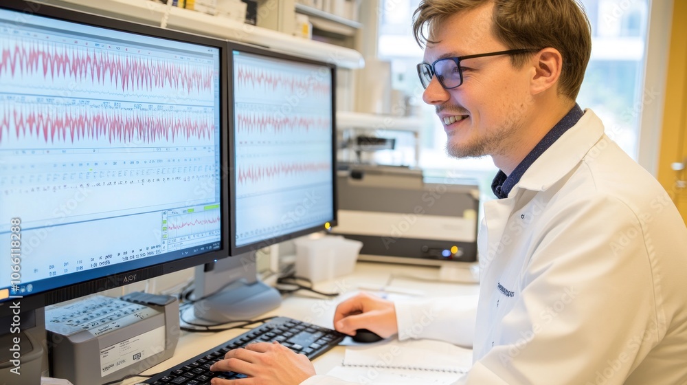 Poster A Man in a Lab Coat Looking at Medical Data on a Computer