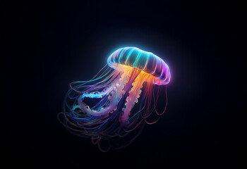 Fototapeta premium A glowing, iridescent jellyfish with long, flowing tentacles drifts in the dark, with vibrant colors emanating from its bell.