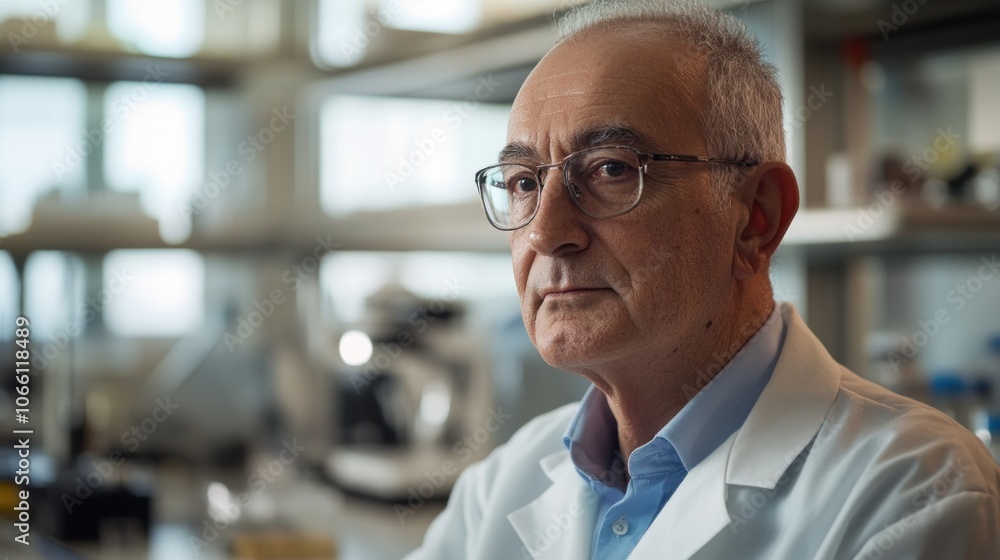 Aufkleber senior scientist in lab coat with serious expression