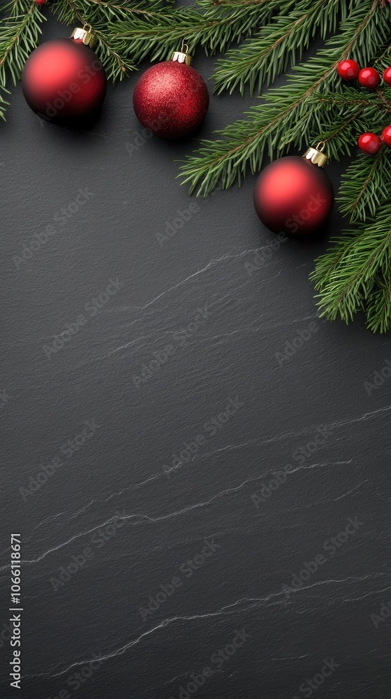 Wall mural A festive garland features branches, berries, and ornaments against a black background, creating an ideal frame for holiday messages