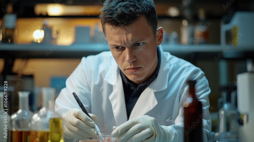 Poster a scientist in a lab coat works with a sample in a petri dish