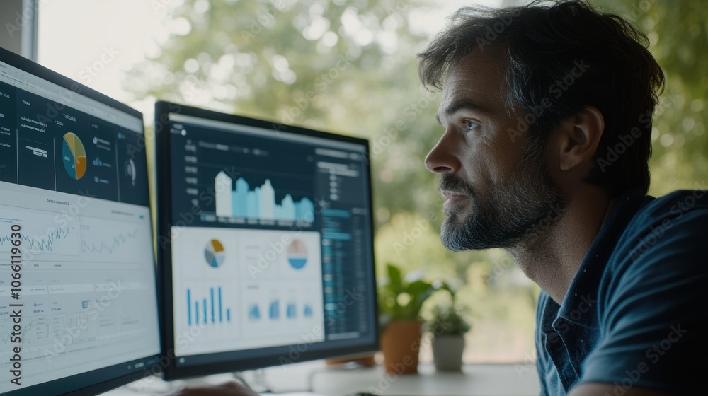 Poster Man Analyzing Data on Computer Monitors