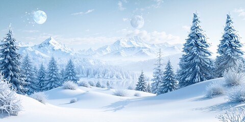 Fototapeta premium Majestic Winter Landscape Snow-Covered Mountains Tall Pine Trees Frosty Blue Moonlight
