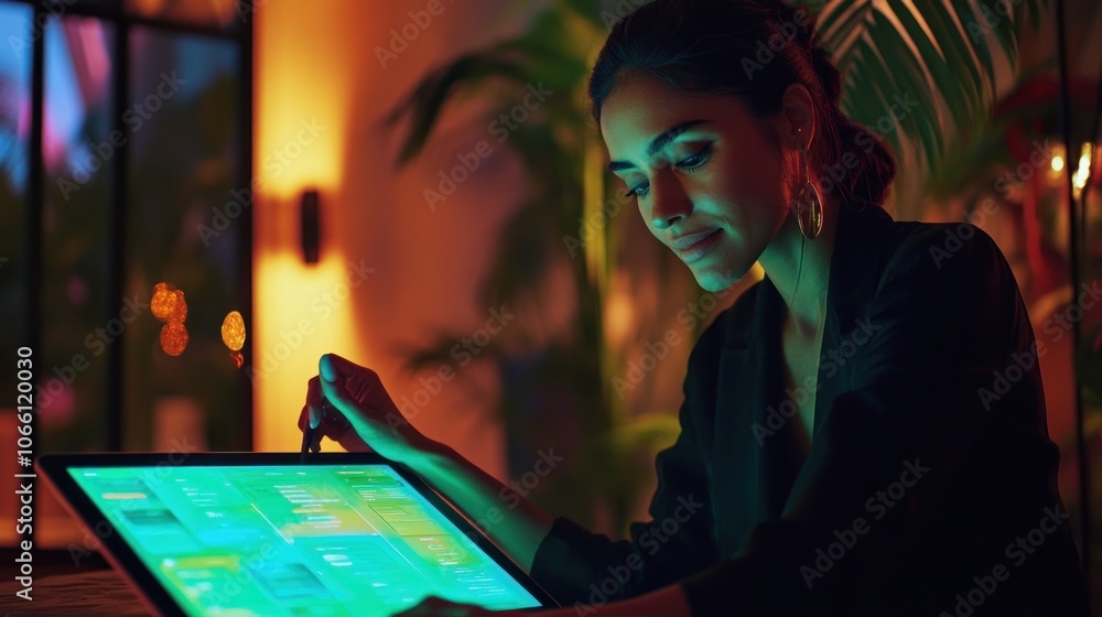 Poster woman using a tablet computer in a dimly lit room with foliage behind her.