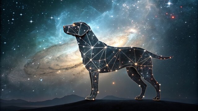 A celestial canine silhouette formed by a constellation of stars against a backdrop of a swirling nebula.
