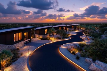 3D-rendered rural community center with healthcare and educational facilities, symbolizing accessible services