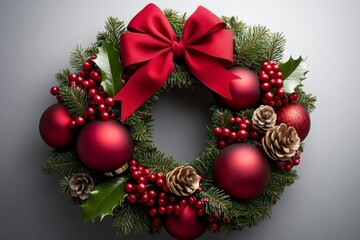 A 2D illustration of a holiday wreath with red berries and a bow, set on a plain white background