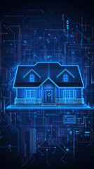 A blue house is shown in a digital image. The house is surrounded by a lot of wires and circuits, giving it a futuristic and technological feel