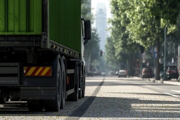 A green cargo truck parked beside a tree-lined street, showcasing urban scenery with sunlight filtering through the leaves.