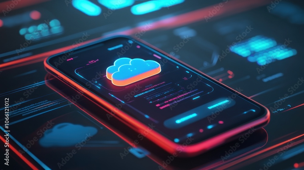 Poster Smartphone Displaying Cloud Computing Icon with Neon Lights
