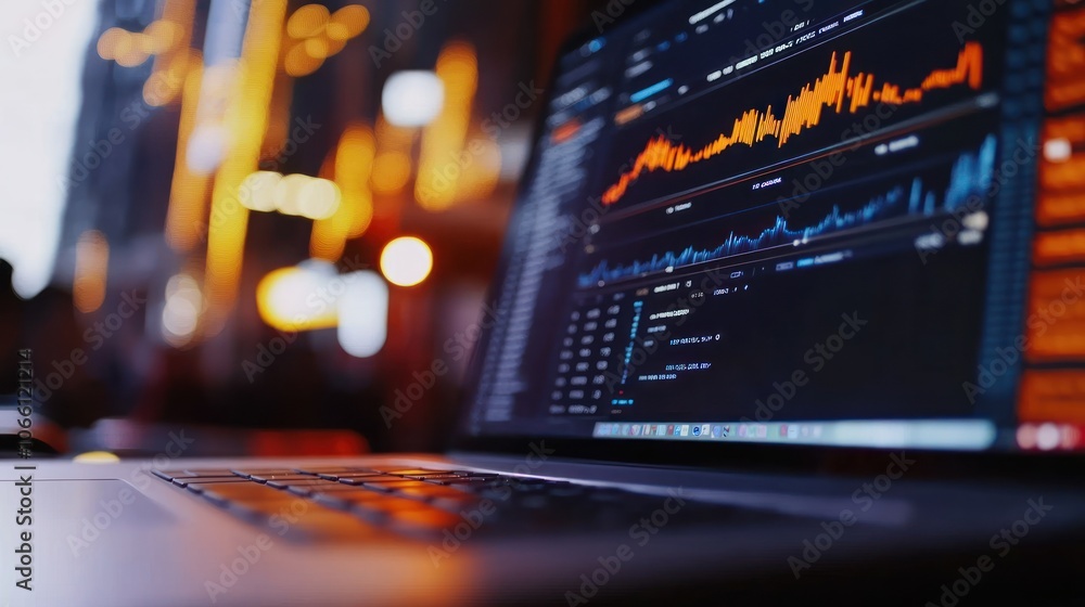Poster laptop displaying stock market data with a blurred city lights background