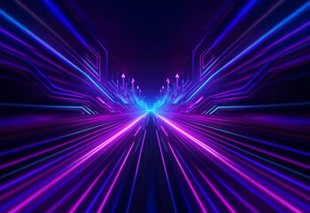 Fototapeta premium A futuristic, abstract digital background with lines of glowing neon light streaking toward the horizon.