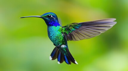 Vibrant Green and Blue Hummingbird in Flight Against a Blurry Green Background