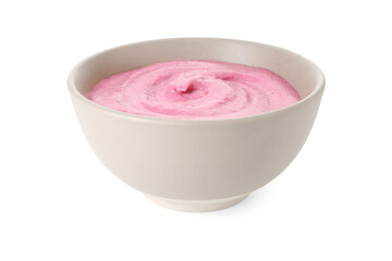 Tasty beetroot hummus in bowl isolated on white