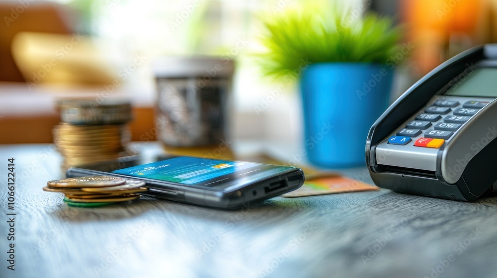 Poster smartphone displaying payment app and credit card machine on a table