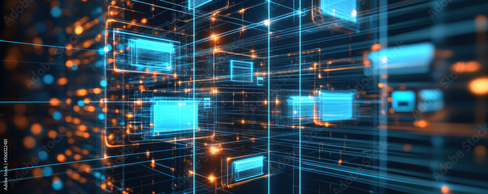 Poster a computer screen with many small squares of blue and orange. the squares are all connected to each 