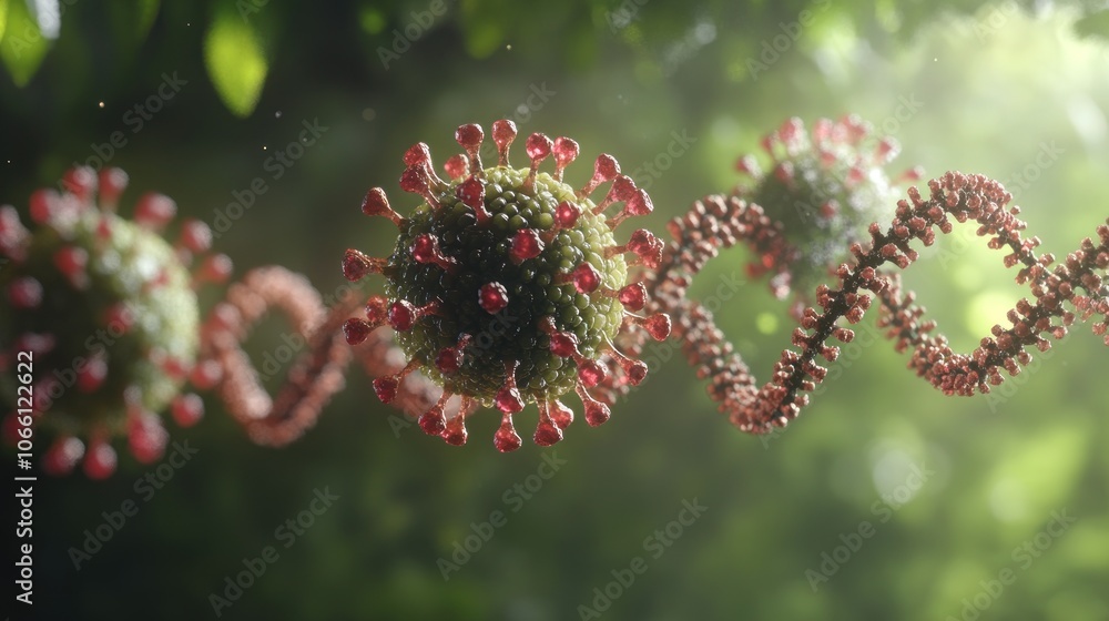 Poster a close-up of a virus with red spikes against a green background
