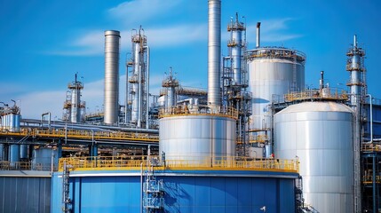 Obraz premium A large industrial complex with numerous tanks, pipes, and smokestacks against a bright blue sky.