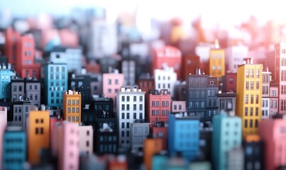 Obraz premium A miniature cityscape with colorful buildings, a shallow depth of field and a soft, warm light.