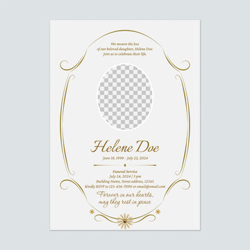 Floral funeral invitation template features a vintage gold floral frame encircling a circular photo placeholder on a cream-colored background conveying a sense of respect and solemnity