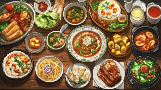 International cuisine showcasing the culinary traditions of various regions. Illustrations