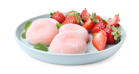 Delicious mochi, strawberries and mint isolated on white