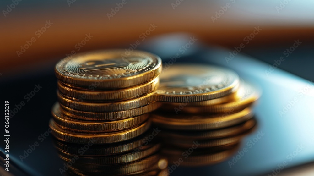Poster stack of gold bitcoin cryptocurrency coins on a black surface