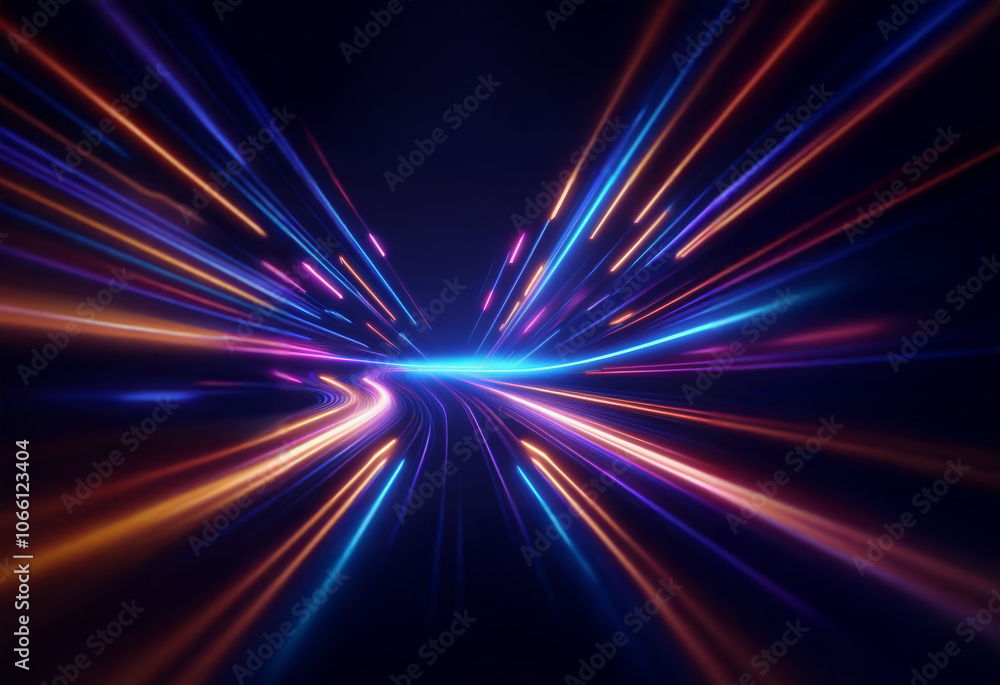 Poster an abstract image of multicolored light streaks converging at a point in the center of the frame aga