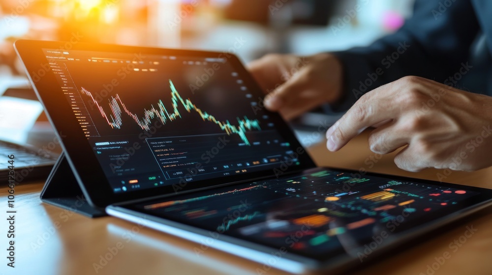 Poster Hand Interacting with Tablet Displaying Stock Market Data