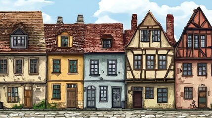 Obraz premium Charming Row of Old Townhouses with Cobblestone Street.