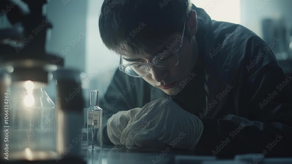 Poster a scientist in a lab coat examining a test tube