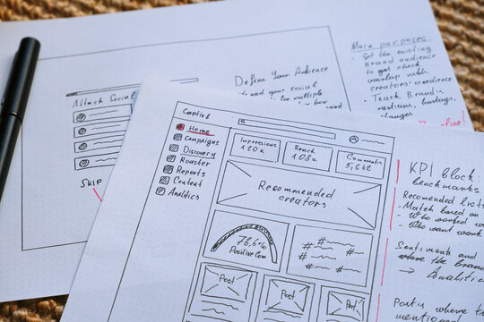close-up of sketched wireframes on dotted paper shows the initial design layout for a dashboard interface, complete with notes on KPIs, navigation, and analytics for a social media campaign app.