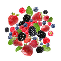 Mix of fresh berries in air on white background