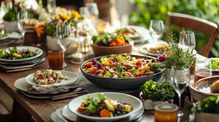 Obraz premium Vegetarian dinner party, vibrant dishes, sleek table setup, cozy atmosphere