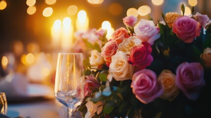 Obraz premium Wedding anniversary dinner with vibrant flowers, soft lighting, elegant table, romantic atmosphere