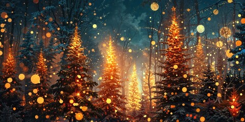 Obraz premium Magical Winter Night Forest Illuminated Christmas Trees Bright Orbs Snowflakes Tranquil Atmosphere Celebration Lights