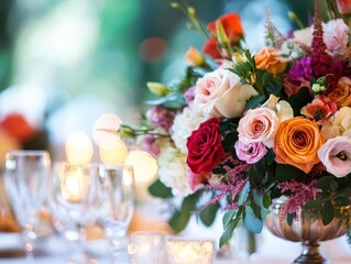 Obraz premium Wedding reception celebration with vibrant flowers, elegant tables, soft lighting, romantic atmosphere, realism