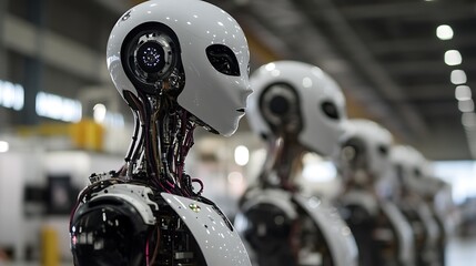 Fototapeta premium A Row of Humanoid Robots in a Factory