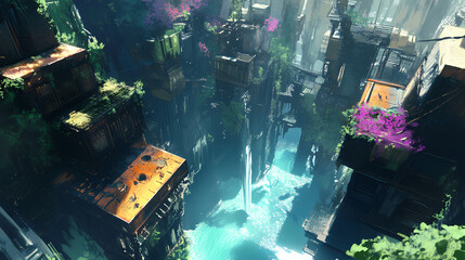 Description: a breathtaking view of a vibrant dreamscape from a high altitude. Dreamscape. Illustration