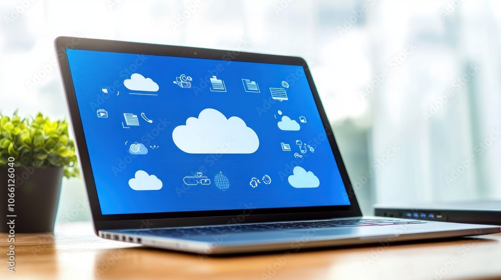 Poster Laptop Displaying Cloud Computing Icons on a Blue Background