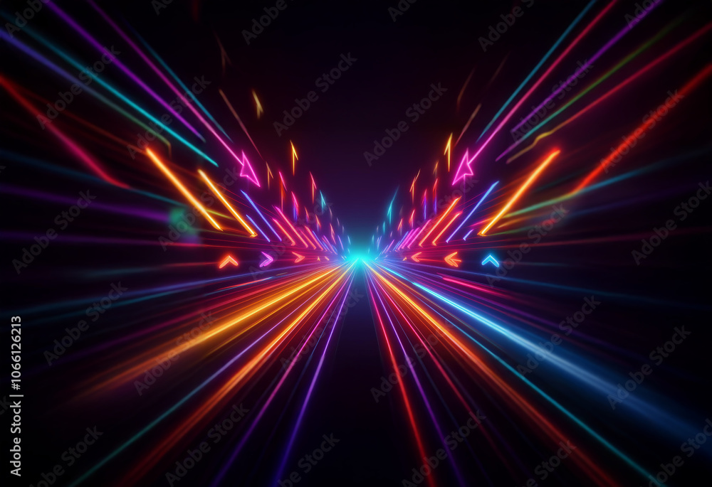 Poster abstract digital art of a glowing neon tunnel with lines of light streaking across a black backgroun