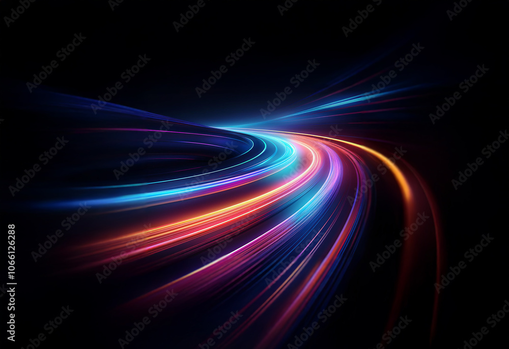 Poster abstract image with a dynamic swirl of colorful light streaks against a black background.