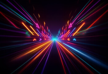 Abstract digital art of a glowing neon tunnel with lines of light streaking across a black...