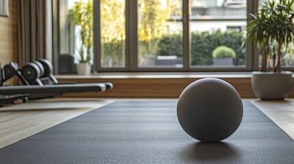 Gray balance ball placed on an exercise mat in a bright home gym with exercise equipment and large windows overlooking a garden creates a serene fitness space