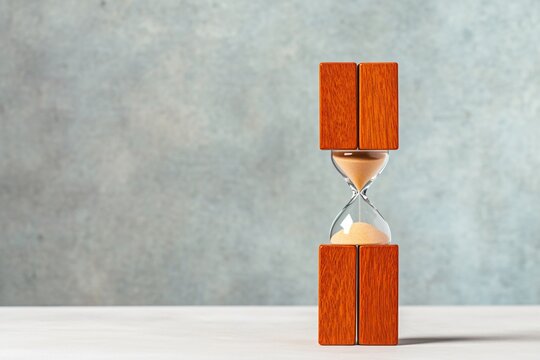Wooden Domino Sequence Paused by Hourglass on Neutral Backdrop