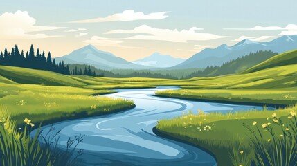 Obraz premium River landscapes offering serene spots for nature lovers and outdoor adventurers. Illustrations