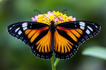 Naklejka premium Close-up of a butterfly landing on a wildflower in a meadow, capturing the beauty of rural biodiversity