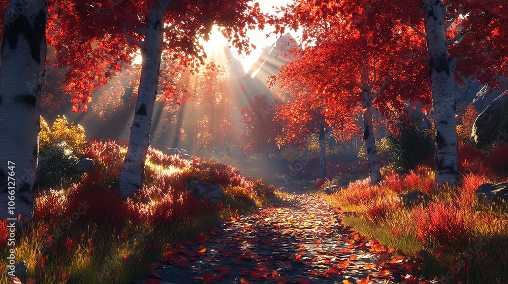 Poster a path through a forest with vibrant fall foliage and sun rays shining through the trees.