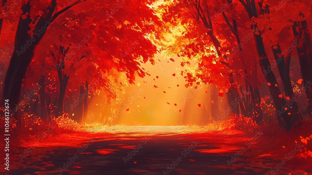 Poster a path through a vibrant autumn forest with sunlight shining through the trees and leaves falling.